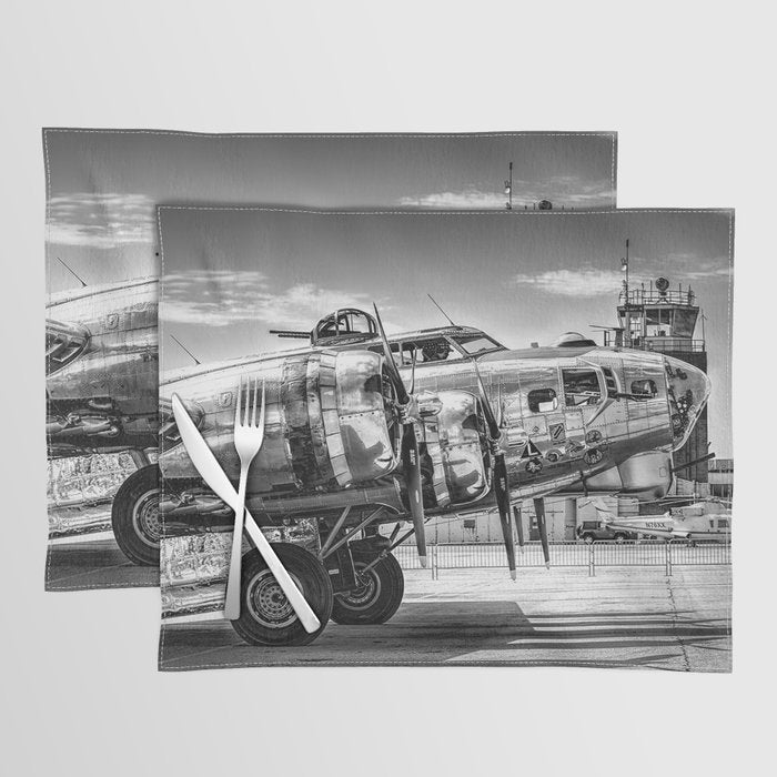 WWII Flying Fortress aviation bomber airplane flight portrait black and white photograph - photography - photographs Placemat Gallery Image 1