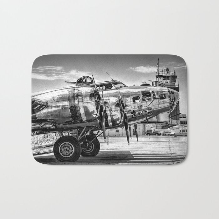 WWII Flying Fortress aviation bomber airplane flight portrait black and white photograph - photography - photographs Bath Mat Gallery Image 1