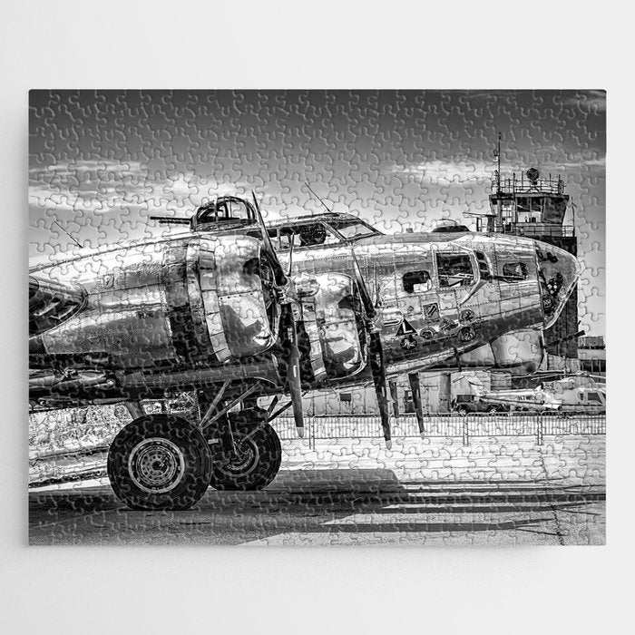WWII Flying Fortress aviation bomber airplane flight portrait black and white photograph - photography - photographs Jigsaw Puzzle Gallery Image 1