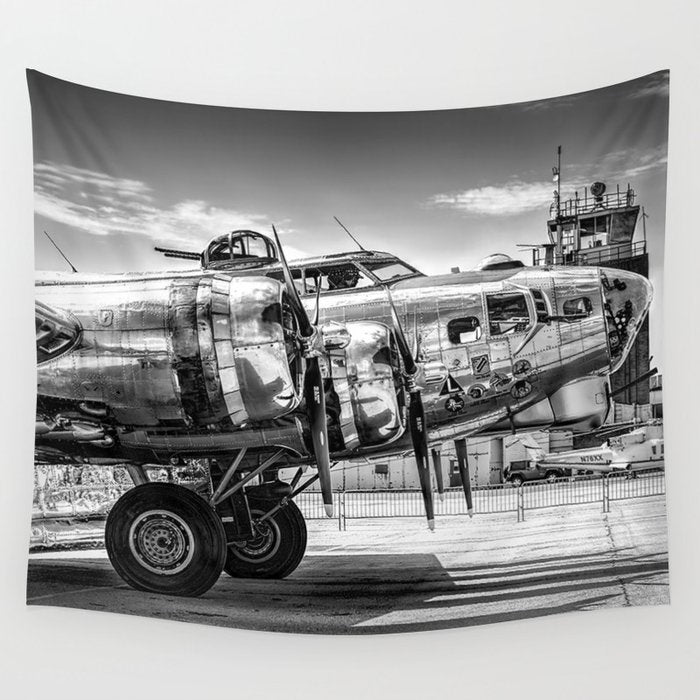 WWII Flying Fortress aviation bomber airplane flight portrait black and white photograph - photography - photographs Wall Tapestry Gallery Image 4