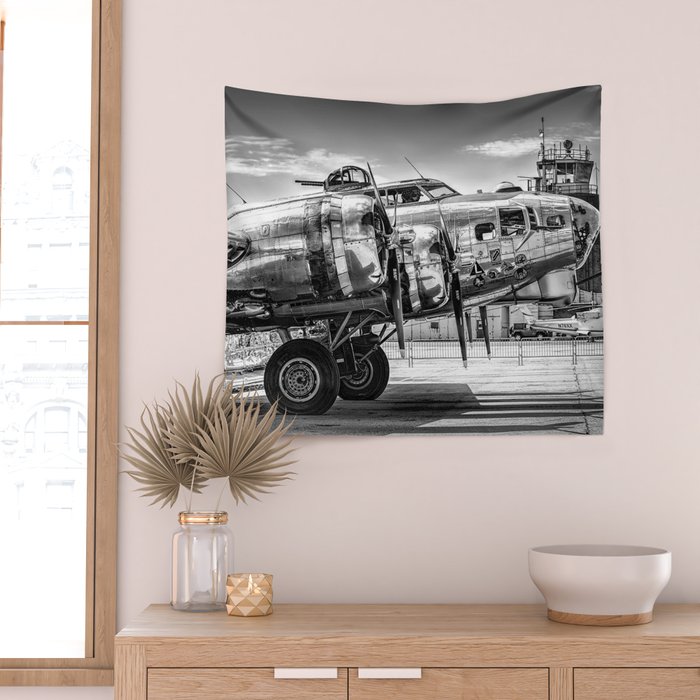 WWII Flying Fortress aviation bomber airplane flight portrait black and white photograph - photography - photographs Wall Tapestry Gallery Image 2