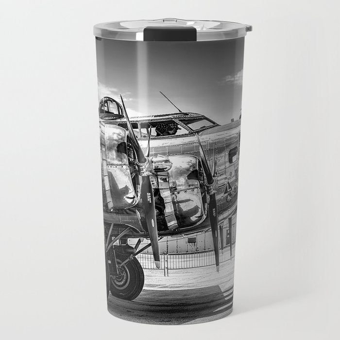 WWII Flying Fortress aviation bomber airplane flight portrait black and white photograph - photography - photographs Travel Mug Gallery Image 1