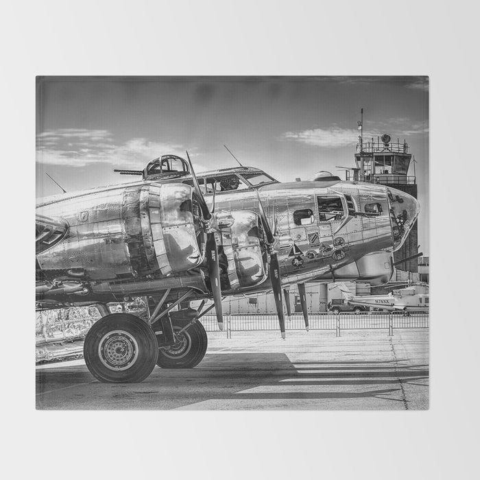 WWII Flying Fortress aviation bomber airplane flight portrait black and white photograph - photography - photographs Throw Blanket Gallery Image 2