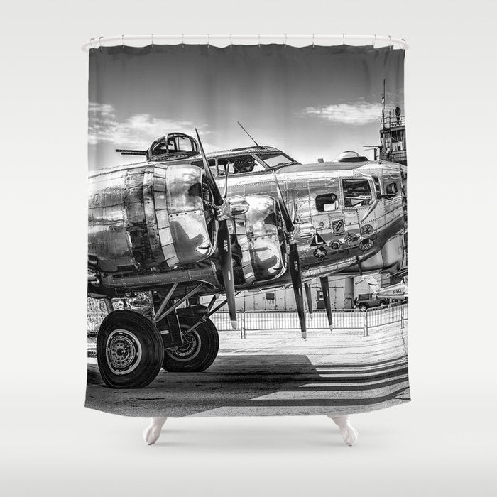 WWII Flying Fortress aviation bomber airplane flight portrait black and white photograph - photography - photographs Shower Curtain Gallery Image 1