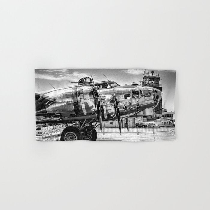 WWII Flying Fortress aviation bomber airplane flight portrait black and white photograph - photography - photographs Bath Towel Gallery Image 1