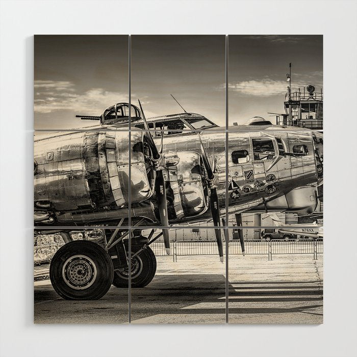 WWII Flying Fortress aviation bomber airplane flight portrait black and white photograph - photography - photographs Wood Wall Art Gallery Image 1