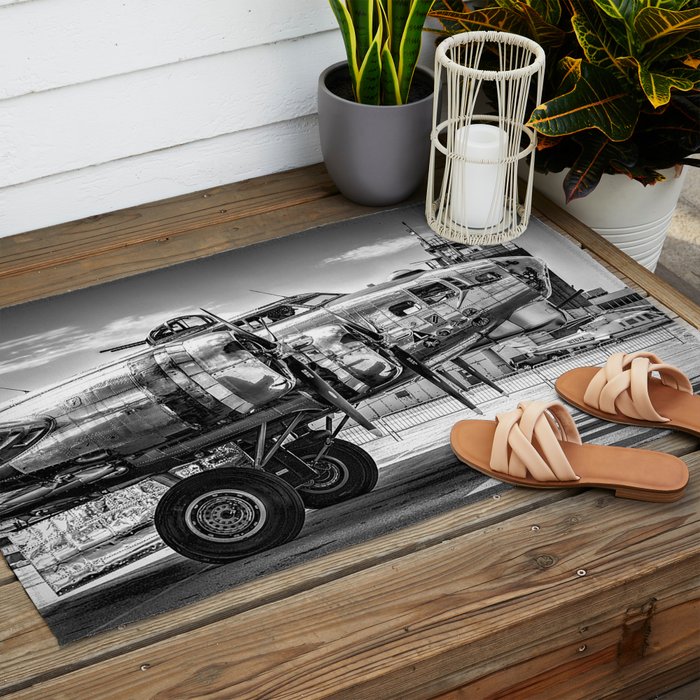 WWII Flying Fortress aviation bomber airplane flight portrait black and white photograph - photography - photographs Outdoor Rug Gallery Image 2