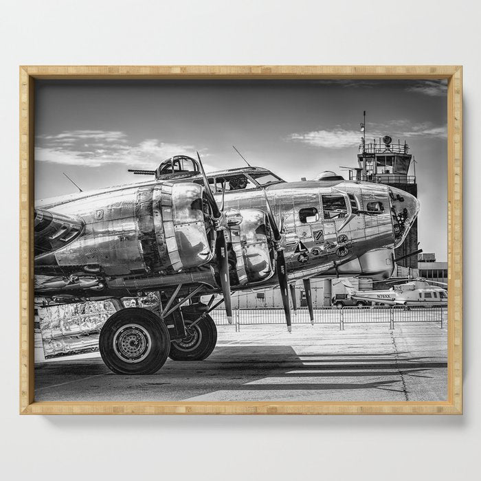WWII Flying Fortress aviation bomber airplane flight portrait black and white photograph - photography - photographs Serving Tray Gallery Image 1