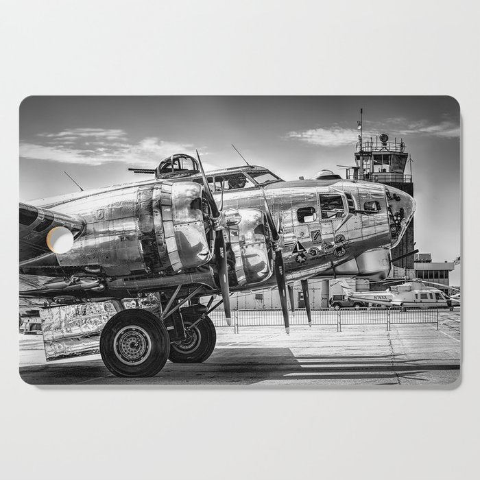 WWII Flying Fortress aviation bomber airplane flight portrait black and white photograph - photography - photographs Cutting Board Gallery Image 1