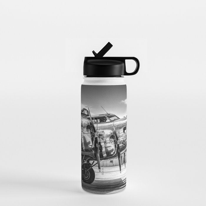 WWII Flying Fortress aviation bomber airplane flight portrait black and white photograph - photography - photographs Water Bottle Gallery Image 1