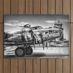 WWII Flying Fortress aviation bomber airplane flight portrait black and white photograph - photography - photographs Outdoor Rug Gallery Image 1