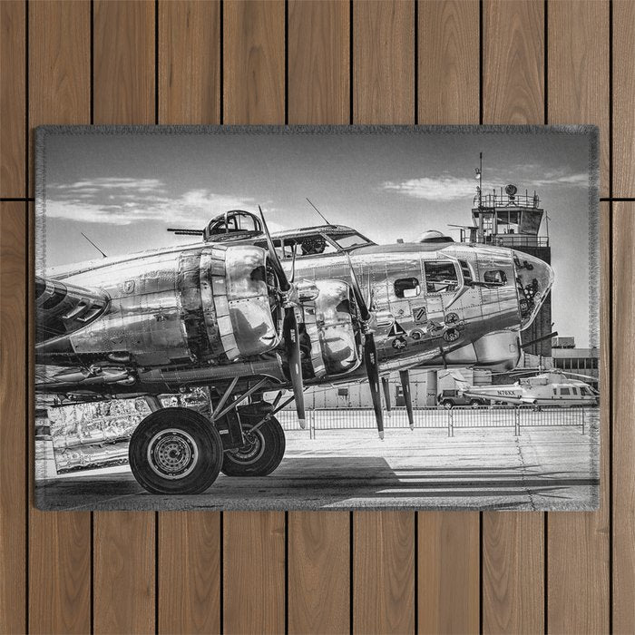 WWII Flying Fortress aviation bomber airplane flight portrait black and white photograph - photography - photographs Outdoor Rug Gallery Image 1
