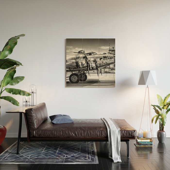 WWII Flying Fortress aviation bomber airplane flight portrait black and white photograph - photography - photographs Wood Wall Art Gallery Image 2