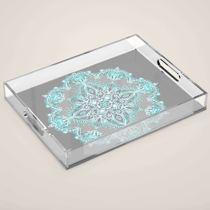 Teal and Aqua Lace Mandala on Grey Acrylic Tray Gallery Image 1