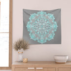 Teal and Aqua Lace Mandala on Grey Wall Tapestry Gallery Image 2