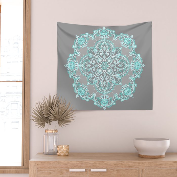 Teal and Aqua Lace Mandala on Grey Wall Tapestry Gallery Image 2