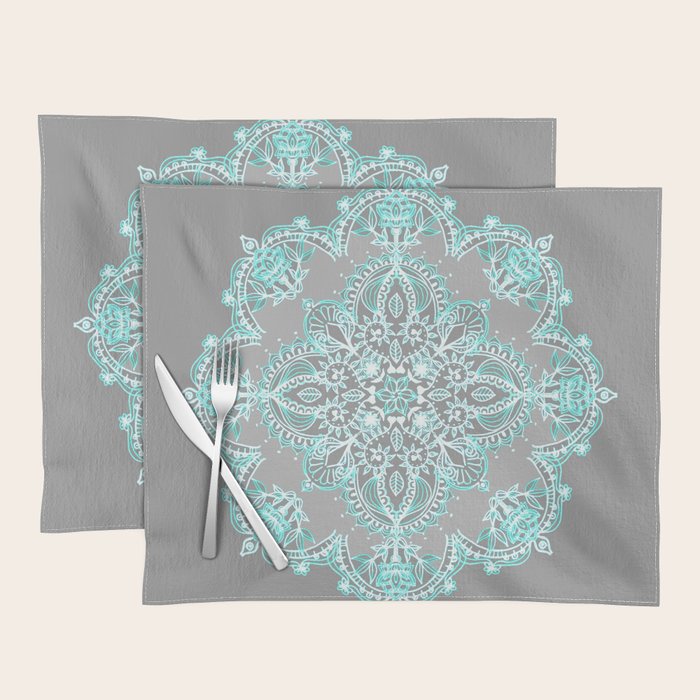 Teal and Aqua Lace Mandala on Grey Placemat Gallery Image 1