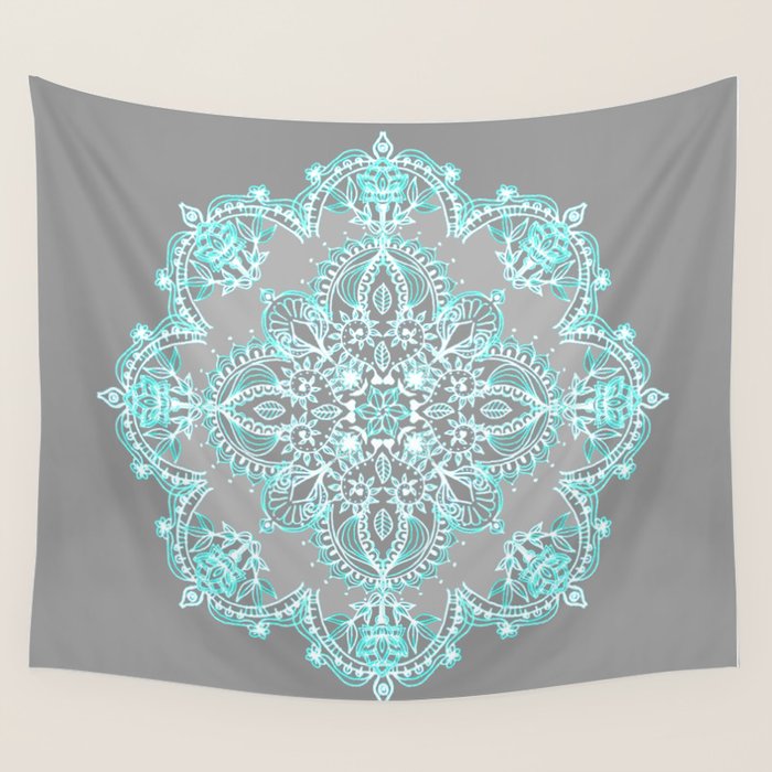Teal and Aqua Lace Mandala on Grey Wall Tapestry Gallery Image 4