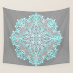 Teal and Aqua Lace Mandala on Grey Wall Tapestry Gallery Image 4