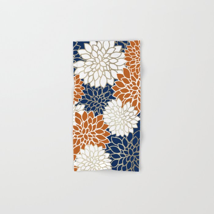 Dahlia Blooms, Terracotta, Navy, Gold, White Bath Towel Gallery Image 1