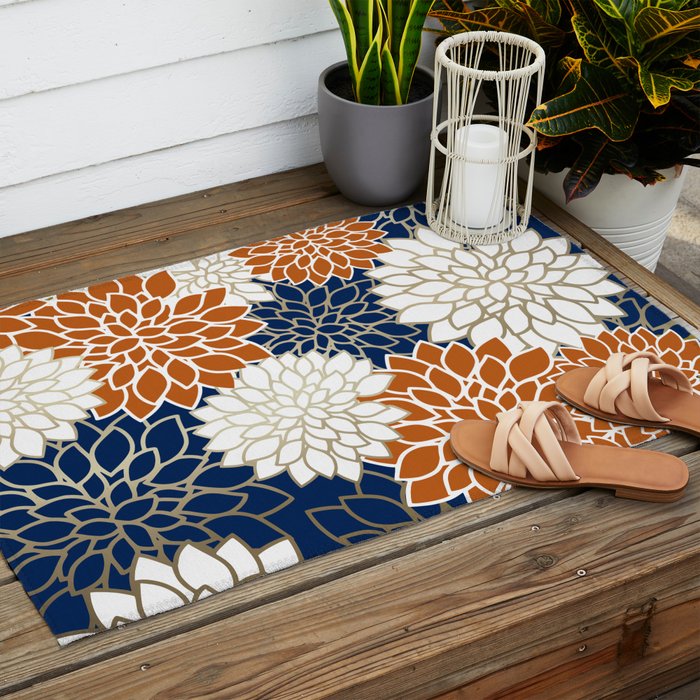 Dahlia Blooms, Terracotta, Navy, Gold, White Outdoor Rug Gallery Image 2