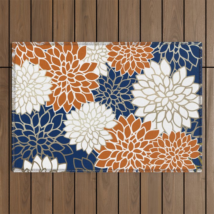 Dahlia Blooms, Terracotta, Navy, Gold, White Outdoor Rug Gallery Image 1