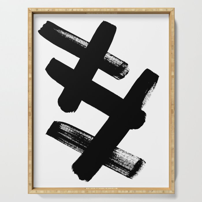 X Black & White Minimalist Abstract Mid century Ink Art Dark Brush Strokes Serving Tray Gallery Image 1