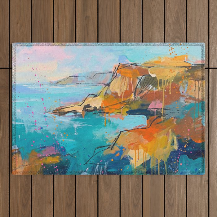 Abstract Northern Ireland Coastline - Vibrant Irish Seascape Art Print Outdoor Rug Gallery Image 1