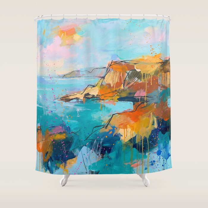Abstract Northern Ireland Coastline - Vibrant Irish Seascape Art Print Shower Curtain Gallery Image 1