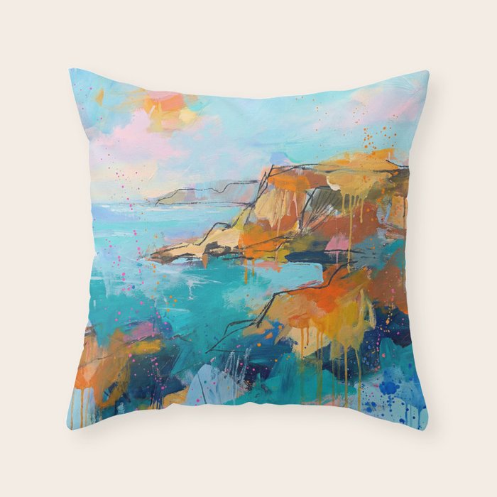 Abstract Northern Ireland Coastline - Vibrant Irish Seascape Art Print Throw Pillow Gallery Image 1