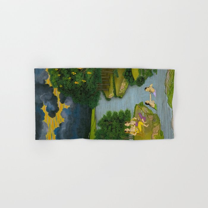 Women enjoying the river at the forestâs edge Indian Miniature Painting  Bath Towel Gallery Image 1