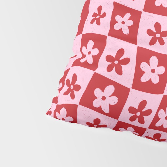 Red and Pink Retro Daisy Checkerboard Swirl Pattern Pillow Sham Gallery Image 4