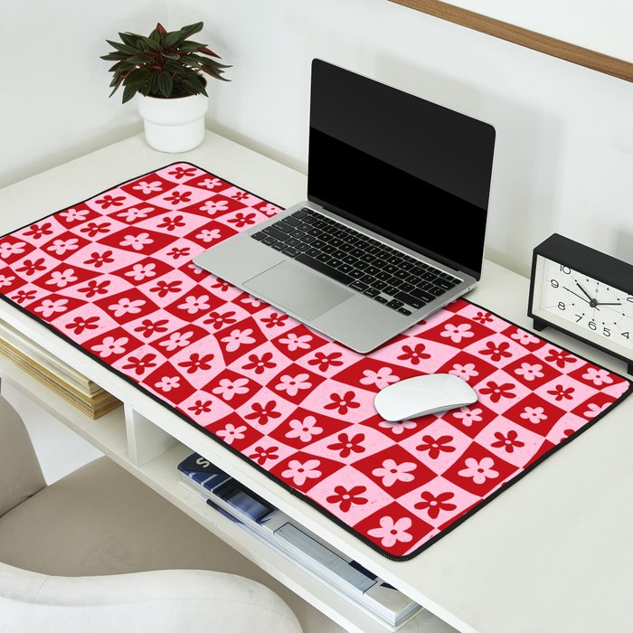 Red and Pink Retro Daisy Checkerboard Swirl Pattern Desk Mat Gallery Image 2