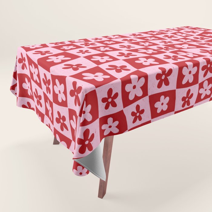 Red and Pink Retro Daisy Checkerboard Swirl Pattern Tablecloth Gallery Image 1
