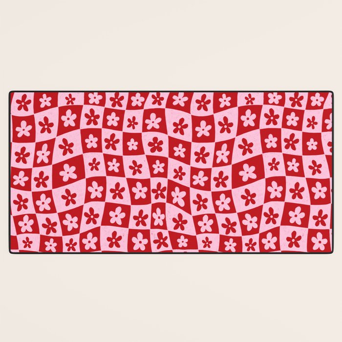 Red and Pink Retro Daisy Checkerboard Swirl Pattern Desk Mat Gallery Image 3