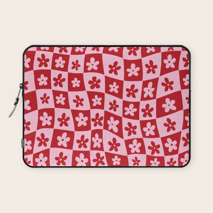 Red and Pink Retro Daisy Checkerboard Swirl Pattern Laptop Sleeve Gallery Image 1