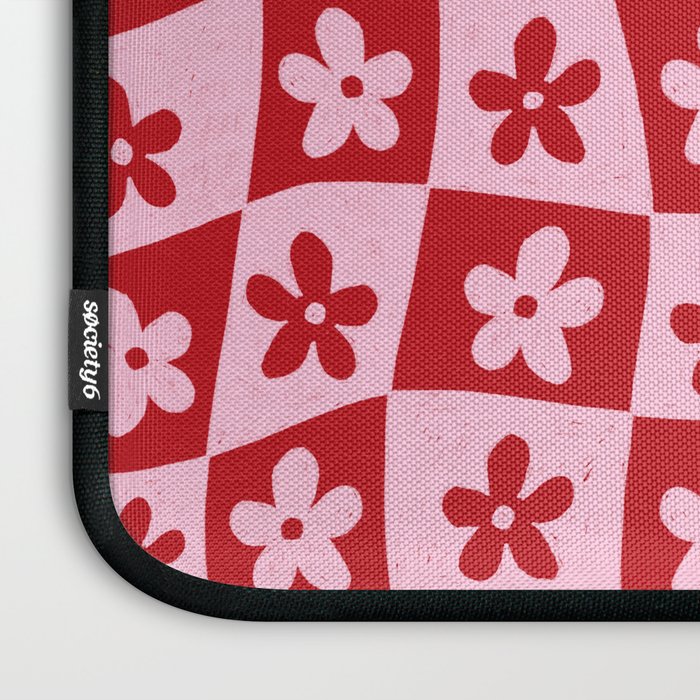 Red and Pink Retro Daisy Checkerboard Swirl Pattern Laptop Sleeve Gallery Image 3