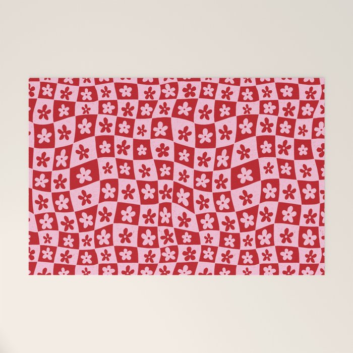 Red and Pink Retro Daisy Checkerboard Swirl Pattern Welcome Mat Gallery Image 1