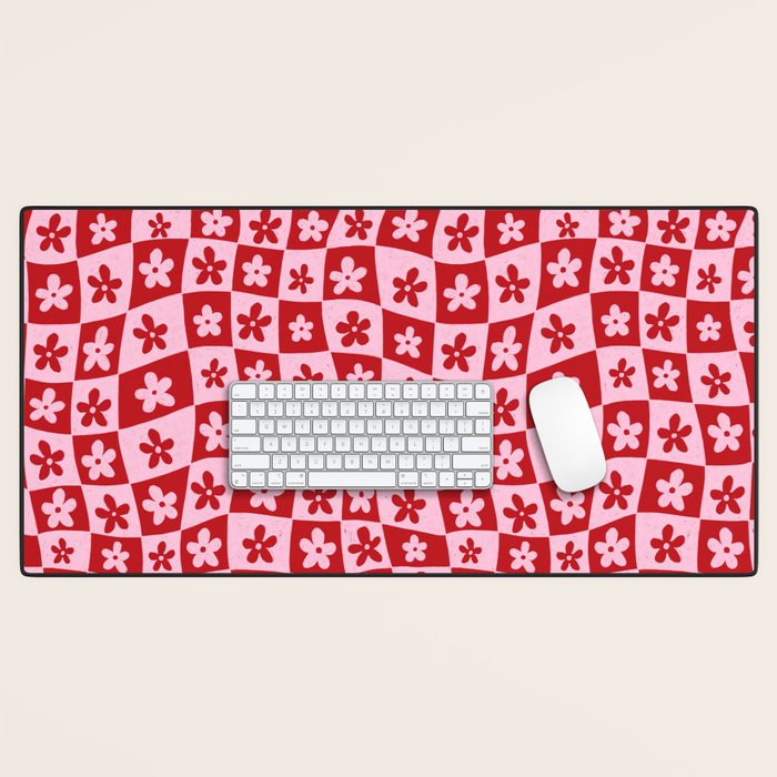 Red and Pink Retro Daisy Checkerboard Swirl Pattern Desk Mat Gallery Image 1