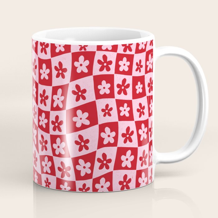 Red and Pink Retro Daisy Checkerboard Swirl Pattern Coffee Mug Gallery Image 1