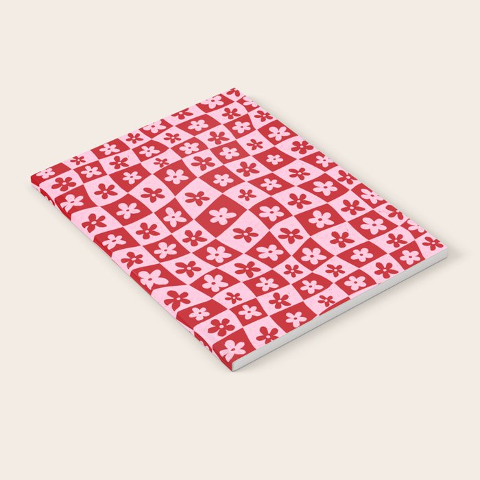 Red and Pink Retro Daisy Checkerboard Swirl Pattern Notebook Gallery Image 2