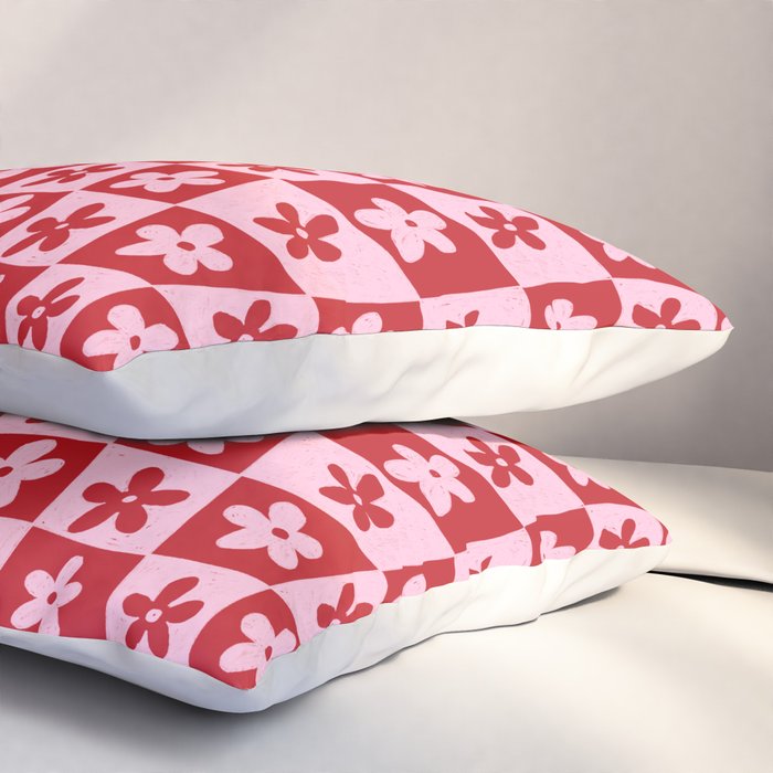 Red and Pink Retro Daisy Checkerboard Swirl Pattern Pillow Sham Gallery Image 3