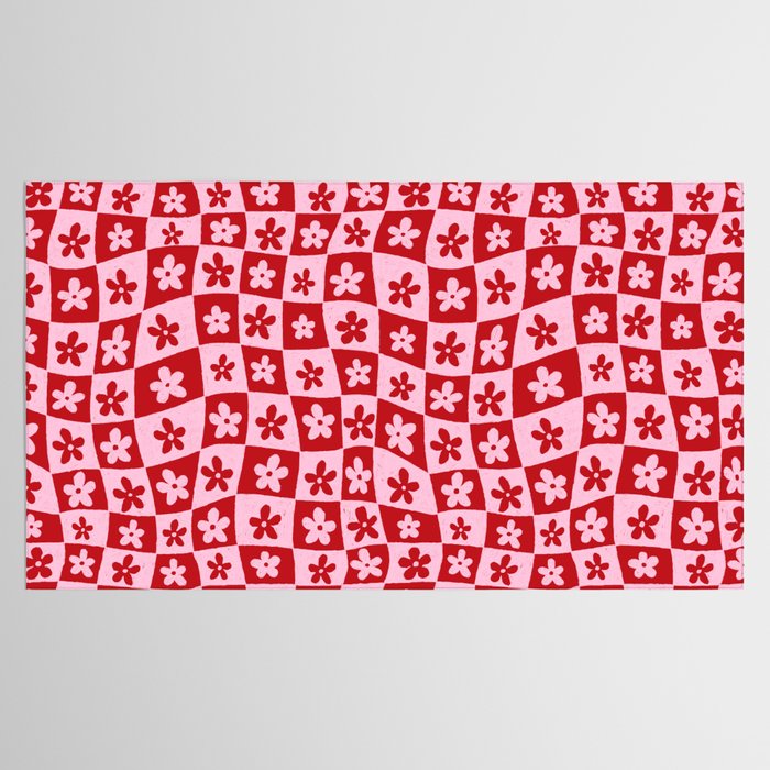 Red and Pink Retro Daisy Checkerboard Swirl Pattern Tablecloth Gallery Image 2