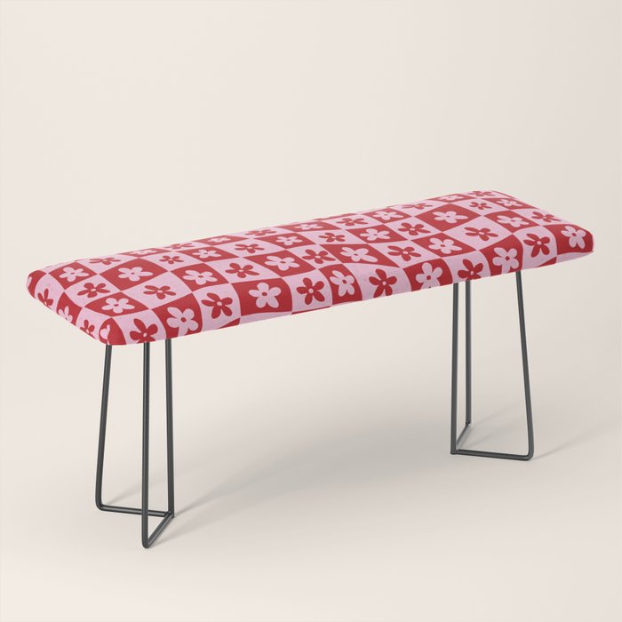 Red and Pink Retro Daisy Checkerboard Swirl Pattern Bench Gallery Image 1