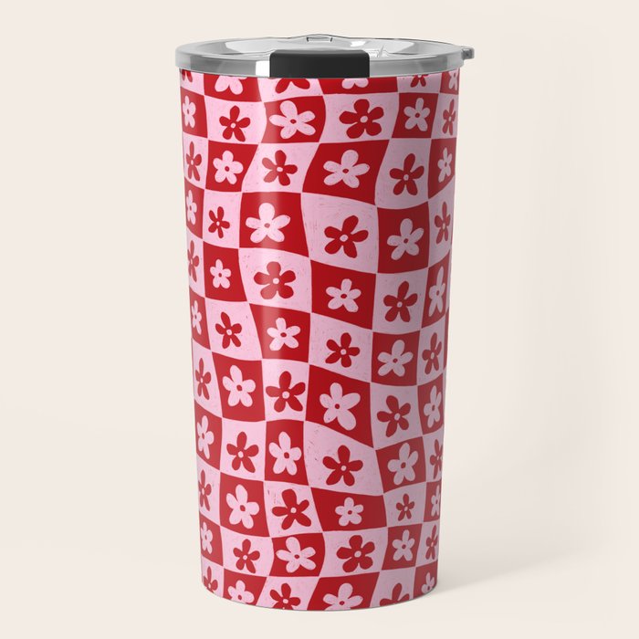 Red and Pink Retro Daisy Checkerboard Swirl Pattern Travel Mug Gallery Image 1
