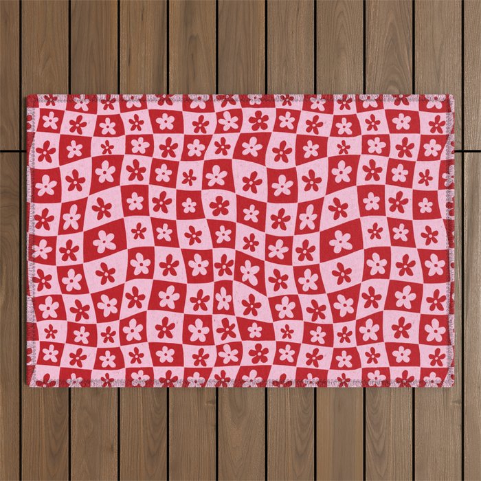 Red and Pink Retro Daisy Checkerboard Swirl Pattern Outdoor Rug Gallery Image 1