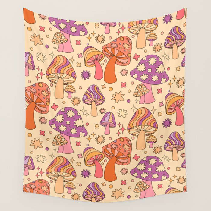 Purple & Orange Magic Mushrooms Wall Tapestry Gallery Image 1
