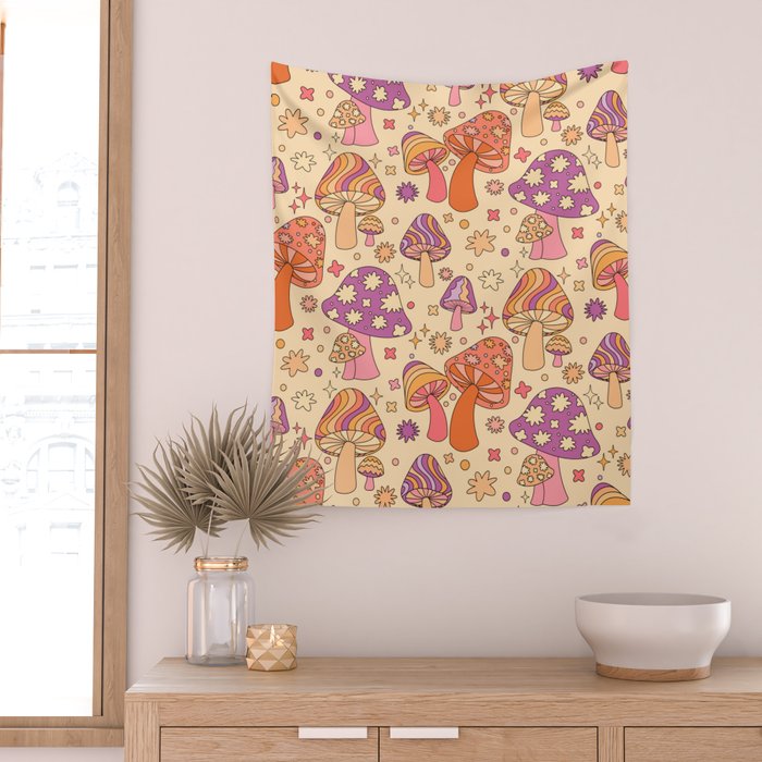 Purple & Orange Magic Mushrooms Wall Tapestry Gallery Image 2