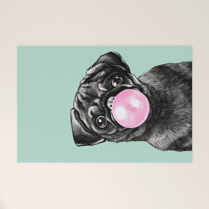 Bubble Gum Black Pug in Green Welcome Mat Gallery Image 1