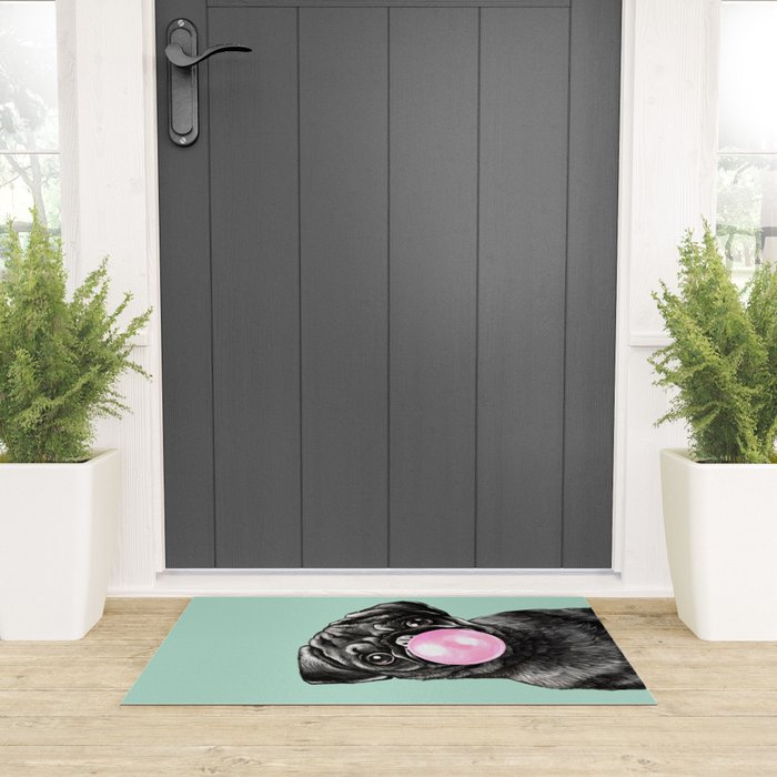 Bubble Gum Black Pug in Green Welcome Mat Gallery Image 3